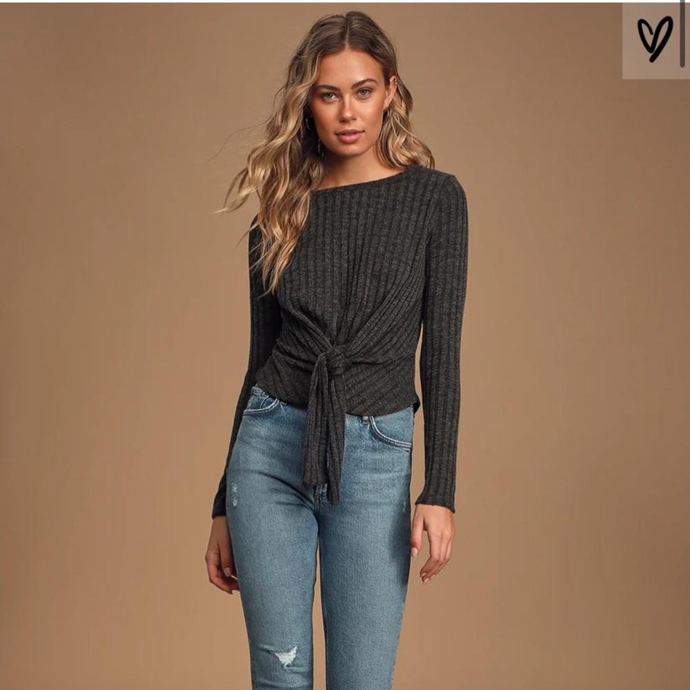 Lulus Grey Ribbed Long Sleeve Tie-Front Top